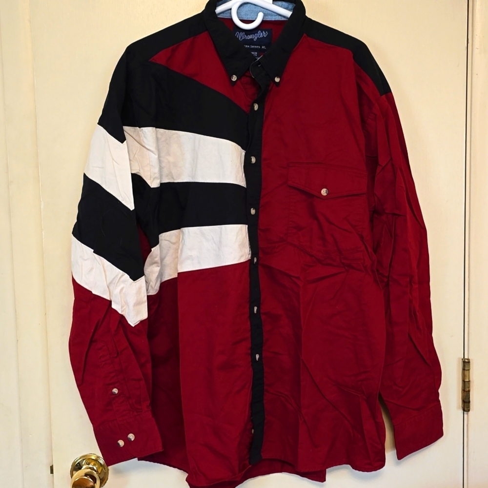 Vintage Wrangler Shirt 1990s XL Red/Black/White Stripe Western Cowboy Colorblock